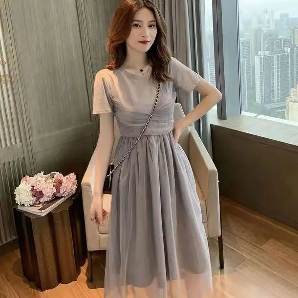 

Round Necked T-shirt Long Dress Women's Spring/Summer New Mesh Splicing Waist Slim Short Sleeve Fashion Item Shiny and Versatile