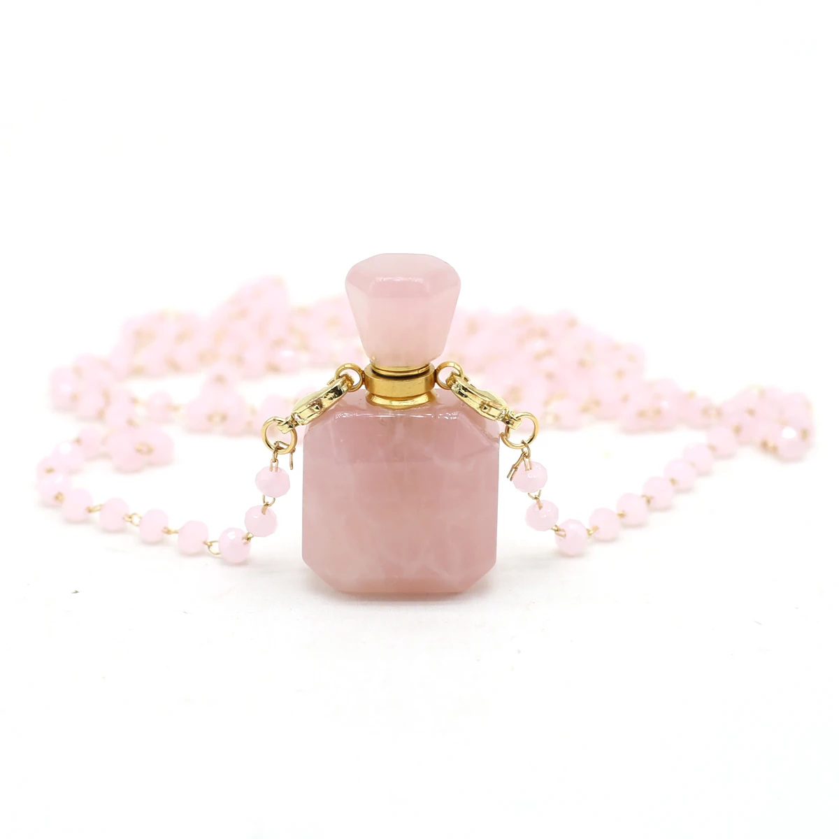 

Натуральные квадратные камни, подвеска в виде флакона парфюма из розового кварца, Женское Ожерелье, эфирное масло