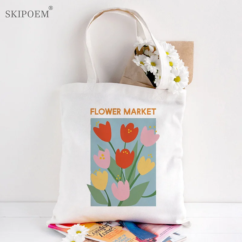 

Tote Bags Shoppers Shoulder Bag Beach White Messenger Handbags Female Flower Market Harajuku Cute Aesthetic Cartoon School Bag