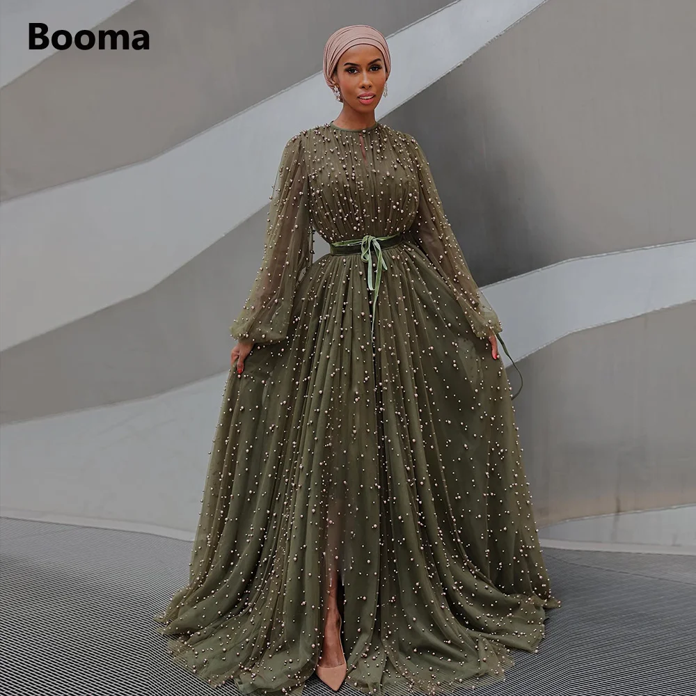 

Booma Olive Green Beaded Pearls Tulle Maxi Prom Dresses O-Neck Long Sleeves High Slit A-Line Formal Evening Party Gowns