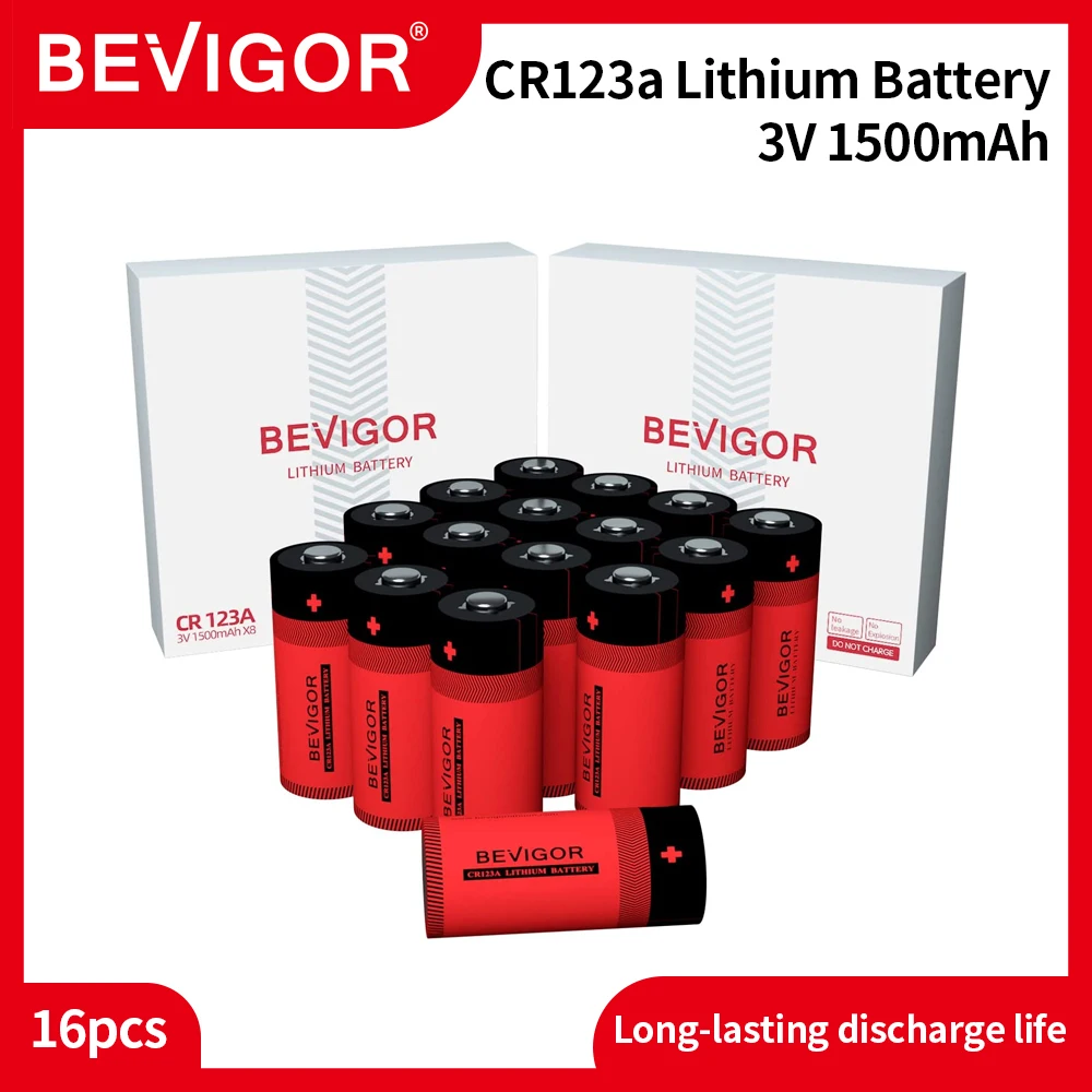 

BEVIGOR CR123a Lithium Battery 16 Pack 3v 1500mAh Lithium Battery CR123 123A CR17345 KL23a PTC Protected for Arlo Camera