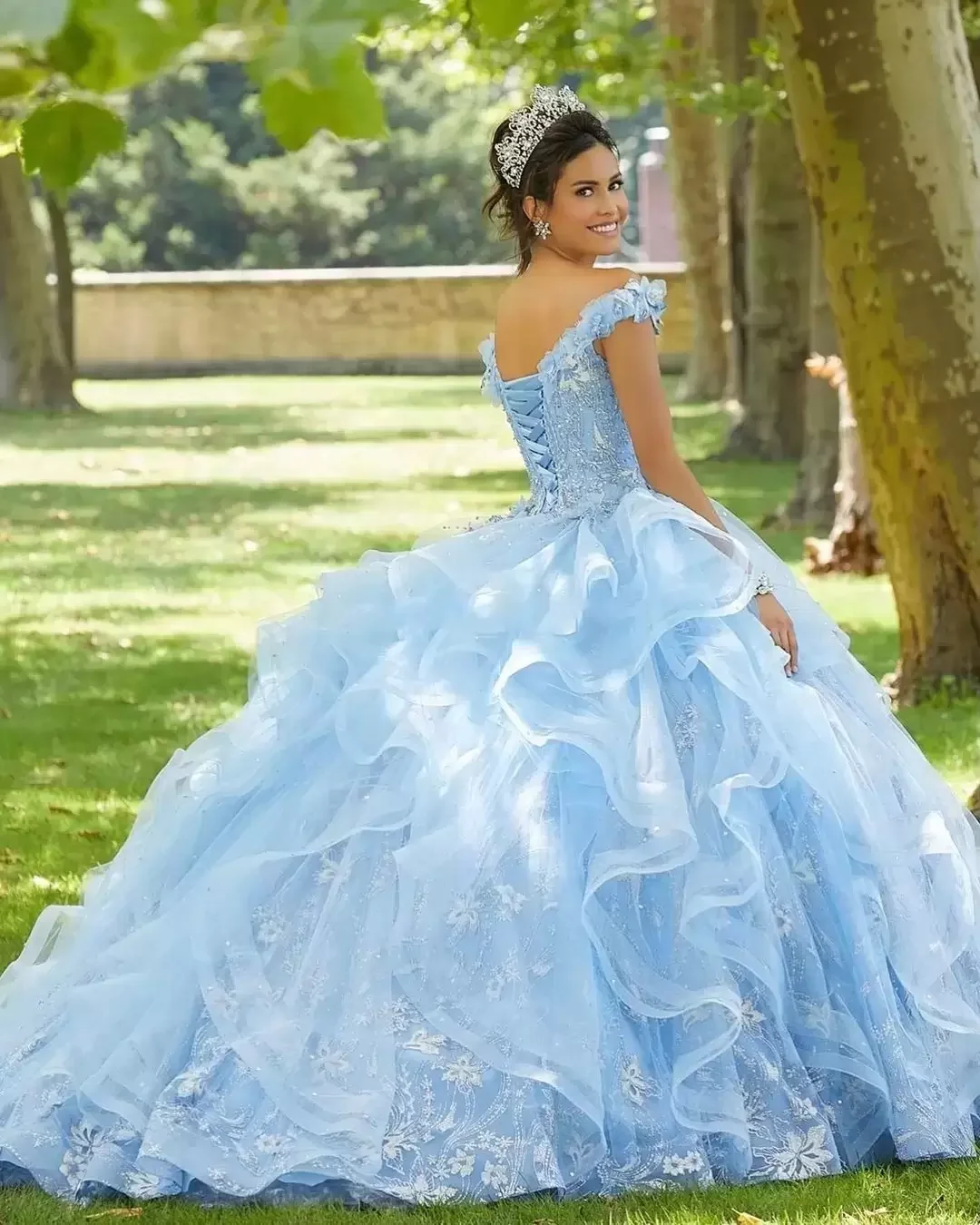 

ANGELSBRIDEP Light Sky Blue Quinceanera Dresses Beaded Ball Gown Lace Sequined Off The Shoulder Prom Gowns Tiered Sweep Train