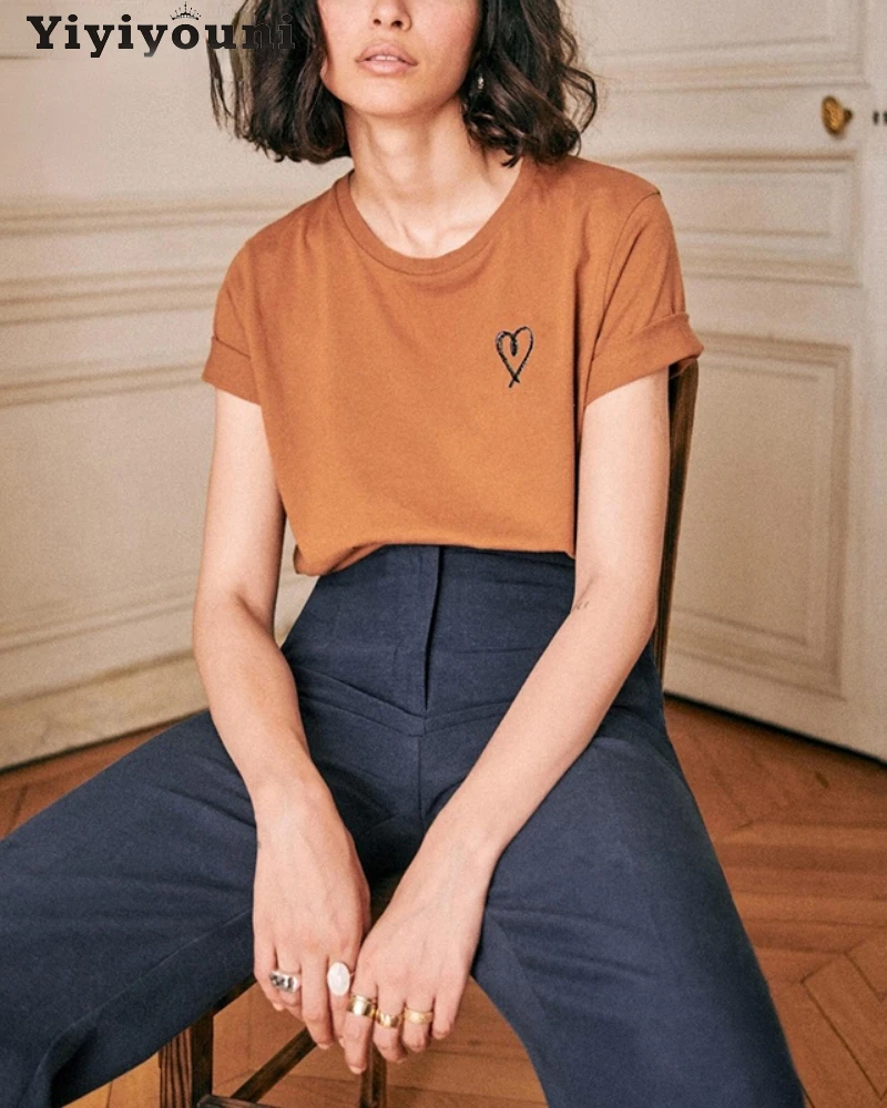 

Yiyiyouni повседневные футболки с вышивкой в форме сердца, женские летние хлопковые футболки с коротким рукавом, Женские базовые белые корейски...