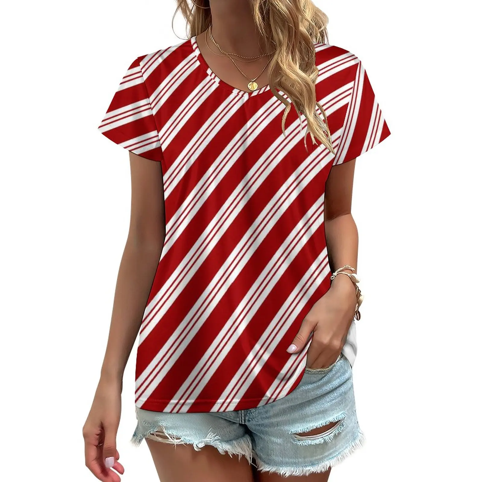 

Red Line T-Shirt Christmas Candy Cane Stripes Trendy T-Shirts V Neck Short Sleeve Graphic Tops Woman Simple Tees 3XL 4XL 5XL