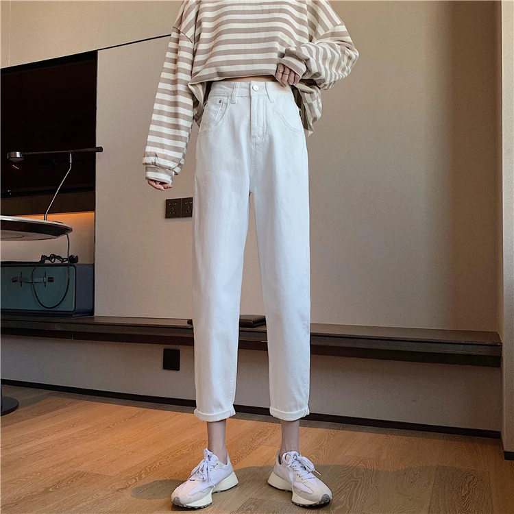 

N0082 New fashion high waist jeans slim and versatile nine points straight pants jeans