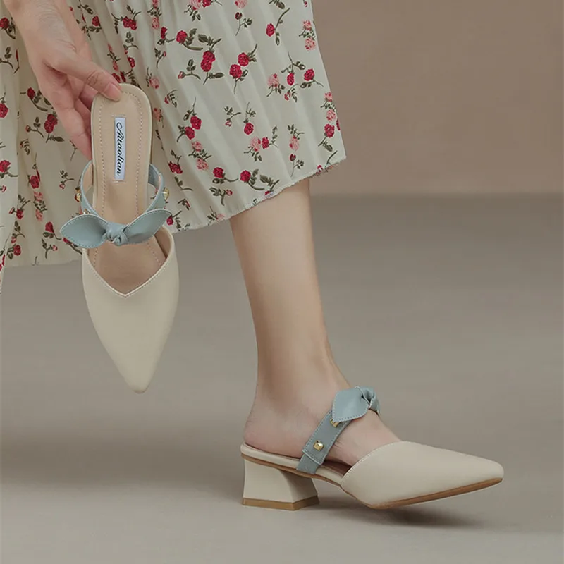 

2023 Summer Women Pumps Fashion New Pointed-toe Outside Womans Slippers 4cm Heel Solid Bow Shoes Sweet Female Office High Heels