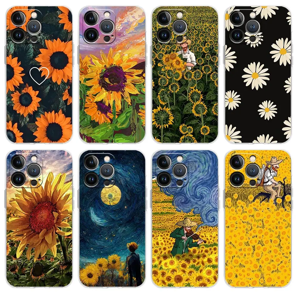 

Luxury Transparent Case For iPhone 14 13 12 11 Pro Max X Xs XR Max 7 8 Plus Bumper Phone Cases Clear Cover Aesthetic sunflower