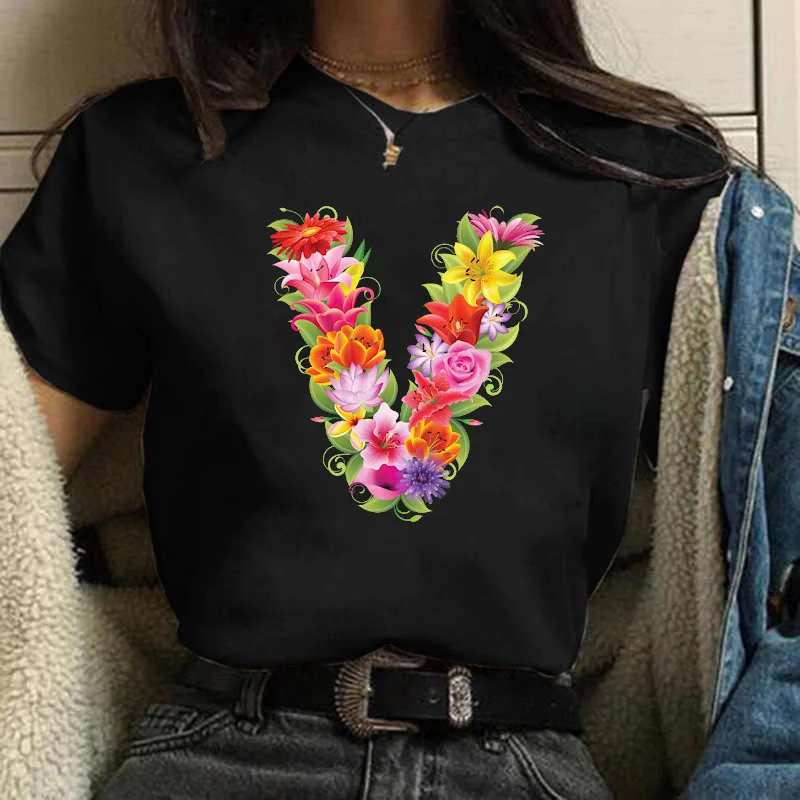 

New Alphabet T Shirt Floral Letter Combination Font A B C D Printed Tops Tee Female Summer Funny T-shirt Women Short Sleeve Tops