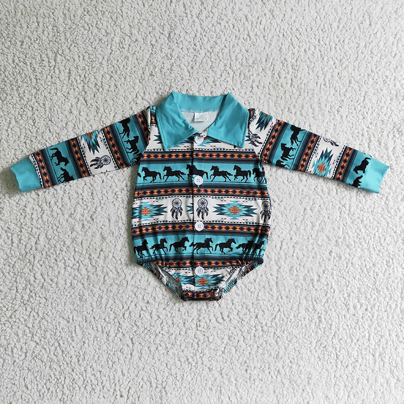 

Southwestern Horse Print Newborn Bubble Romper Baby Boy Long Sleeve Button Down Shirt Jumpsuit Kid Toddler One-piece New Clothes