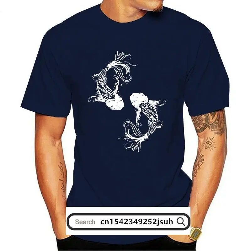 

New Two Koi Fish Black Coton Tee Shirt Mens 2018 Carp 2021 T Japanese Yin Yang Mens T-Shirt Cotton Shart Summer Coton Simple Jer