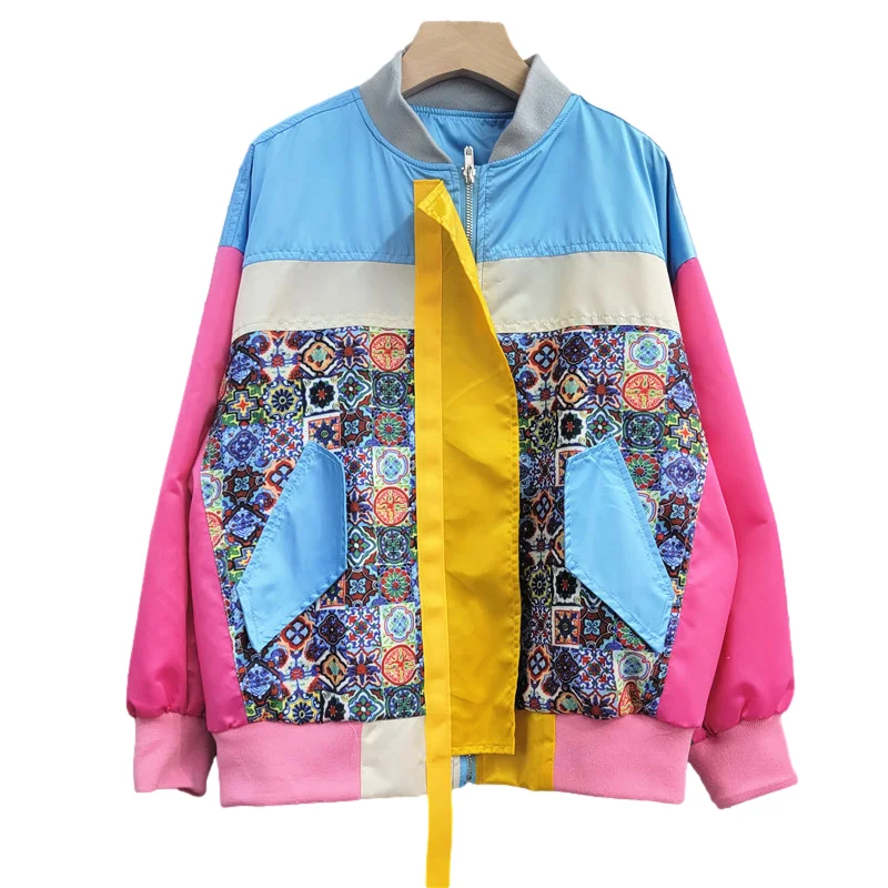 

Korean Fashion Big Pocket Patchwork Baseball Jackets Women Loose Short Stand Collar Long Sleeve Zip Cropped Jacket Coat Female