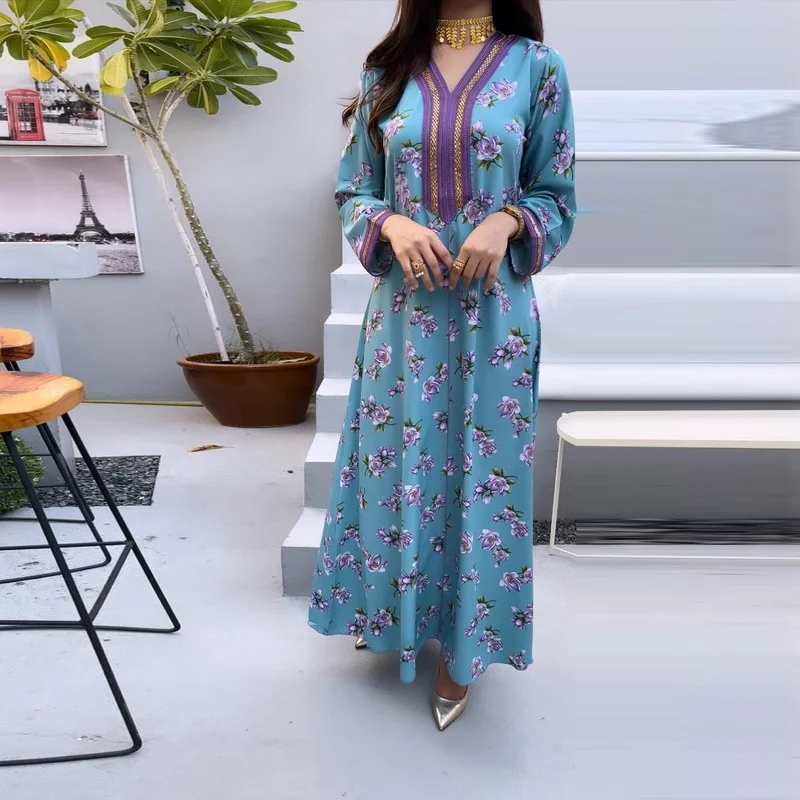 Ramadan Jalabiya Kaftan Dresses for Women Fashion Long Sleeve Abaya Dubai Muslim Print Maxi Robe Moroccan Caftan Arabic Clothing