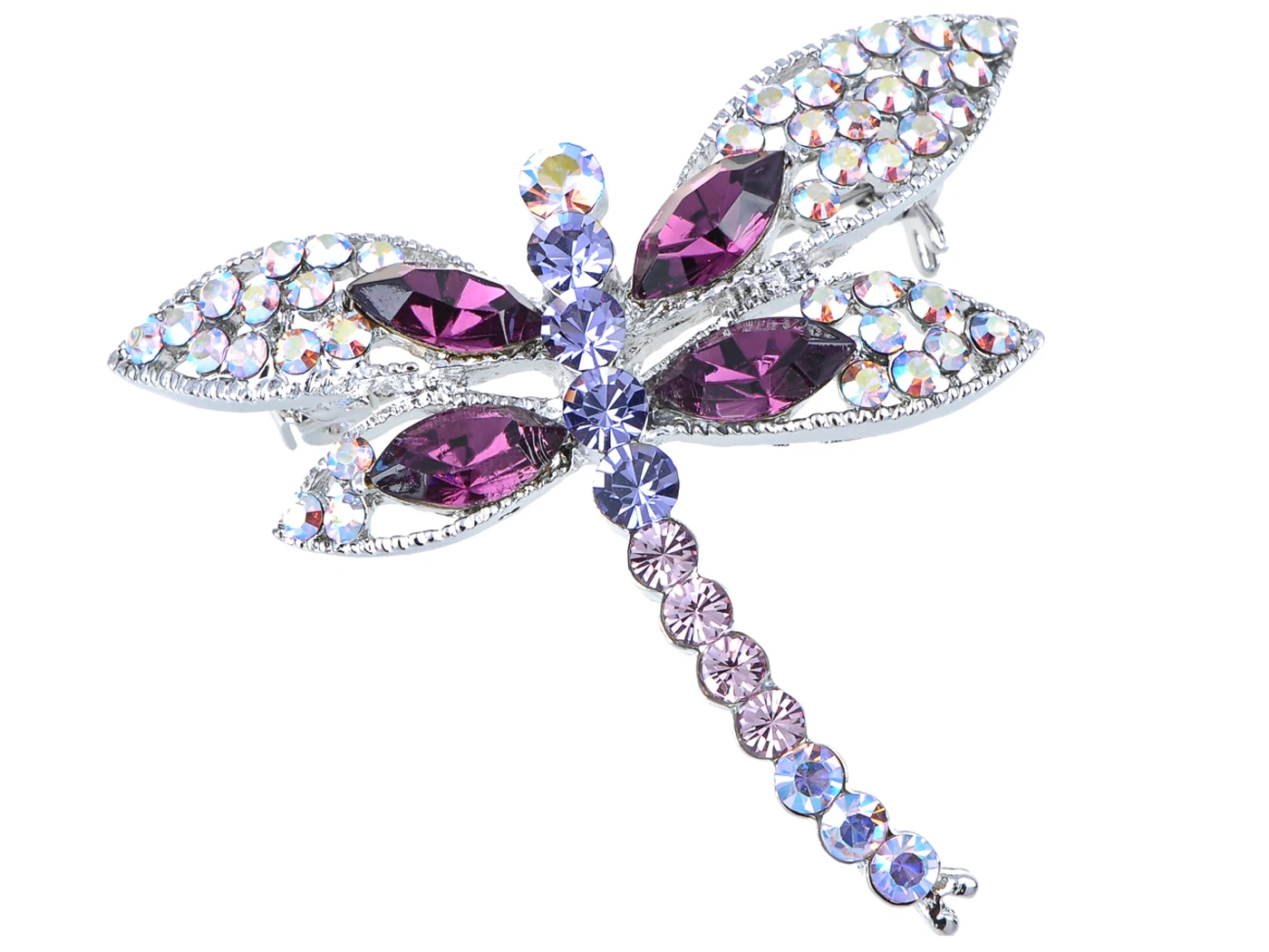 

Silvery Tone Iridescent Multi Rhinestones Colorful Dragonfly Brooch Pin