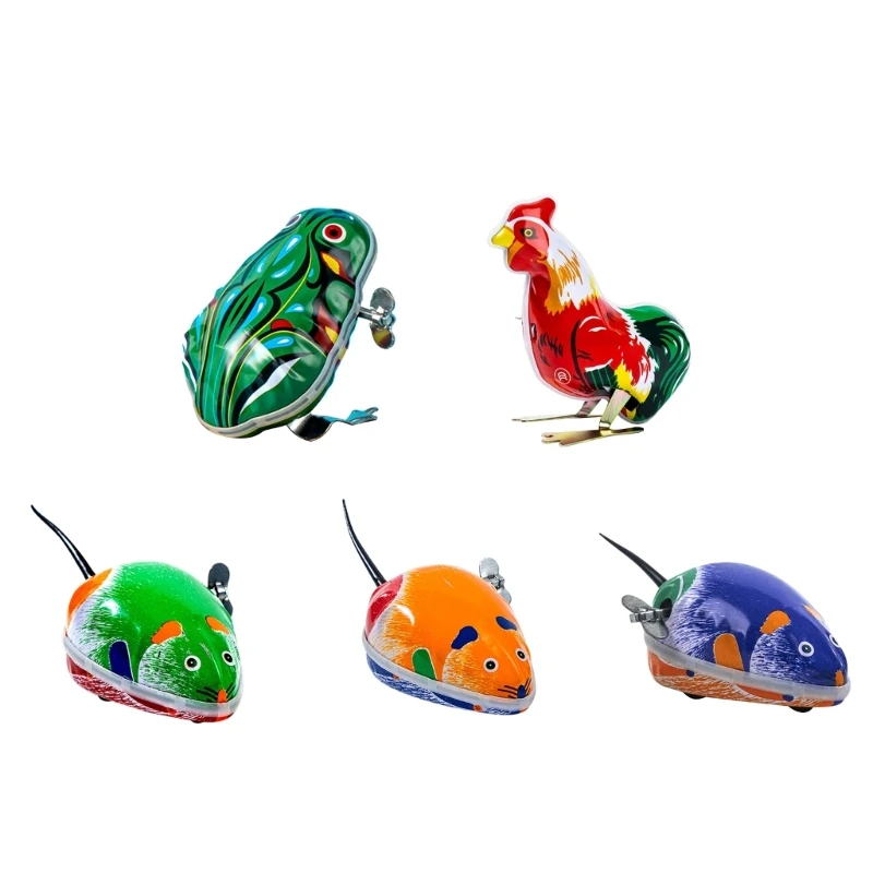 

L21F Kids Wind-up Toy Iron Mouse Rooster Shaped Cute Self Playing Vintage Holiday Gif