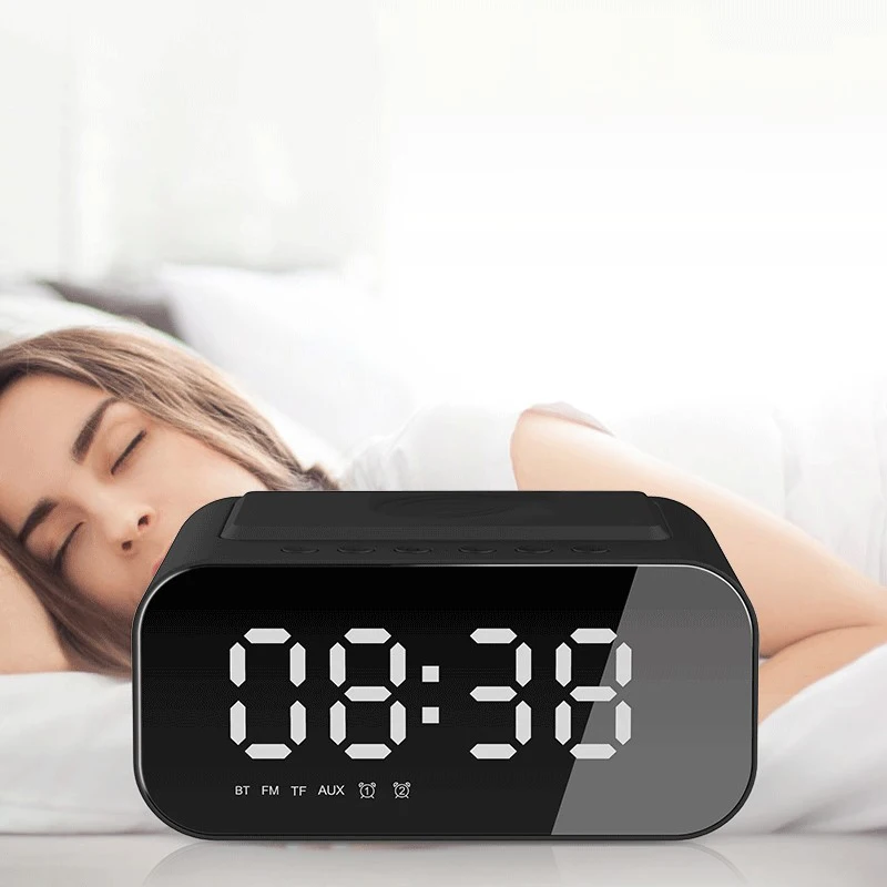 Bluetooth Speaker Clocks Upgraded HD Mirror LED Digital Alarm Clock FM Radio with USB Charger Wireless QI Charging Desktop |