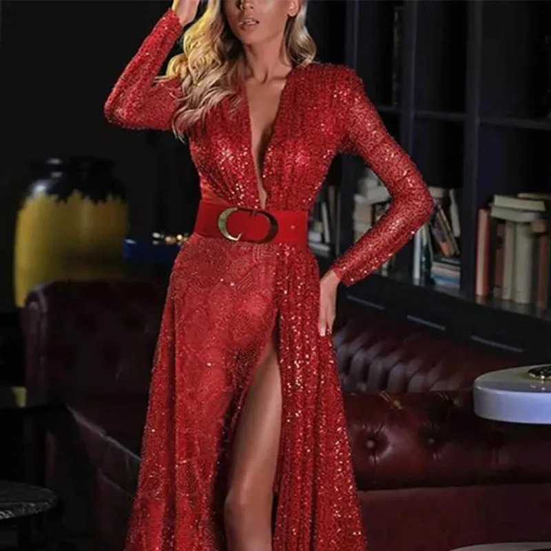 Spring and Summer New Sexy Party Skirt Slit Glitter Long Evening Dress Sequins Long Sleeve Formal Red  Dress Wedding Dresses