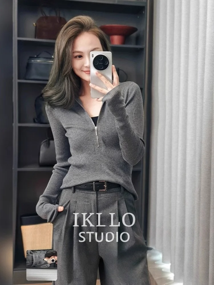 Half Zipper Hood Knit Women Early Autumn New Korean Series Wear High Sense Slim fit Slimming Long sleeve Top Clothes