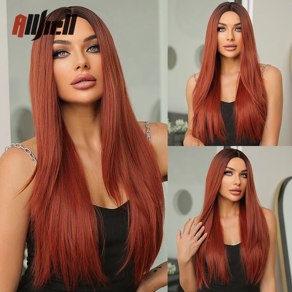 

Long Red Brown Synthetic Wig for Black Women Straight Female Wigs With Dark Roots Heat Resistant Daily Cosplay Use Fake Hair