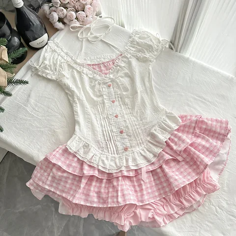 Японская кавайная Лолита, элегантный комплект из 2 предметов, женский розовый Y2k, дизайн с бантом, мини-юбка, костюм, женская принцесса, милая шикарная одежда, лето