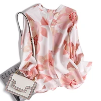 new 2022 spring 16mm 100 silk blouse women natural fiber high quality print full sleeve v neck pink shirt lady summer