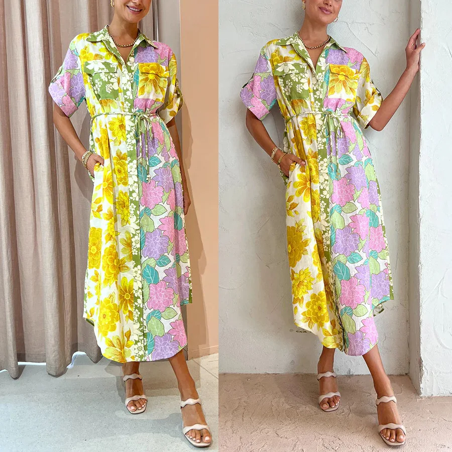 

Женское платье с цветочным принтом, платья с коротким рукавом и высокой талией, летние платья трапециевидной формы, элегантные длинные платья на шнуровке с облегающей талией, 2023