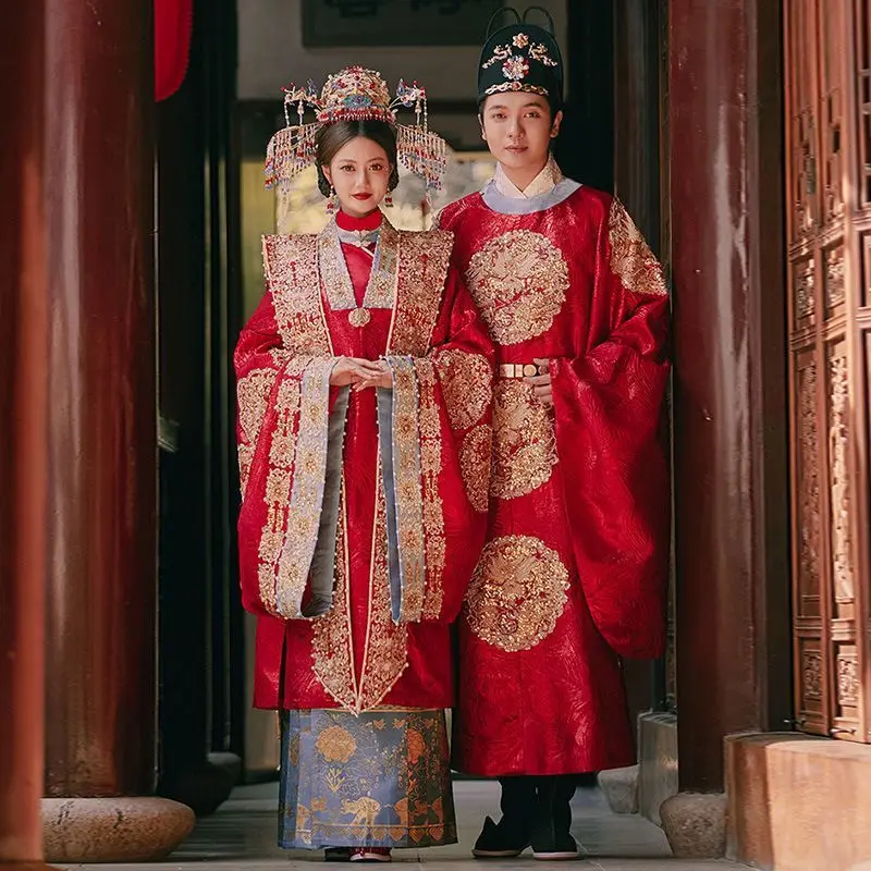 Китайское свадебное платье для мужчин и женщин старинное традиционное красное