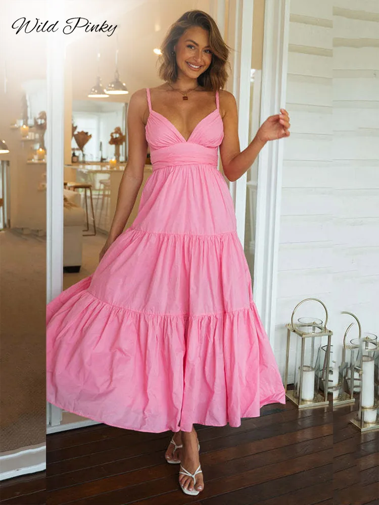 

WildPinky Elegant Ruffled Spaghetti Strap V-neck Solid Women Maxi Dress Summer A-line Pink Party Dresses Female Backless Dresses