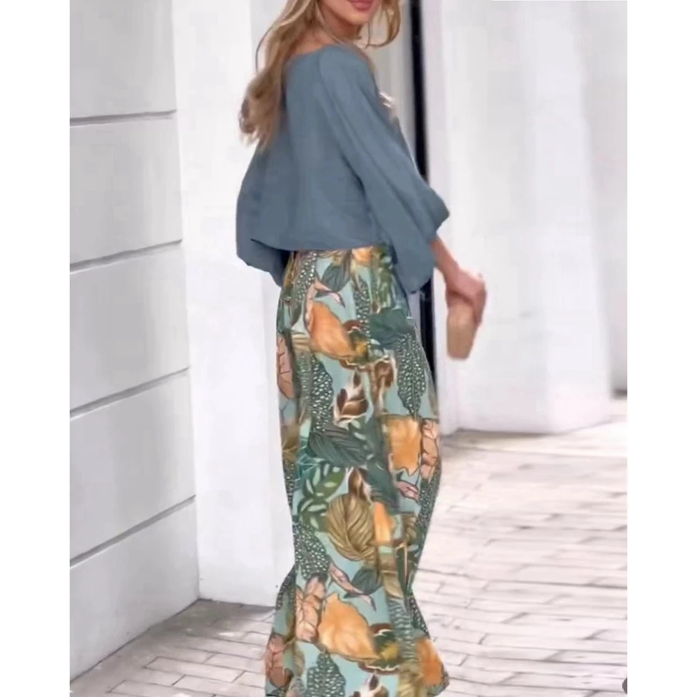 Autumn Spring Women O-Neck Lantern Sleeve Top & High Waist Floral Print Pants Set Casual Femme Two-Piece Set Outfits for Woman
