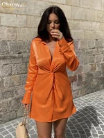 clacive autumn orange satin bodycon dress lady fashion lapel long sleeve mini dress elegant chic party dresses for women 2022