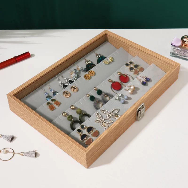 Rosewood Jewelry Display Box Ear Card Jewelry Organizer Necklace Display Tray Ring Bracelet Storage Box Glass Dust Cover
