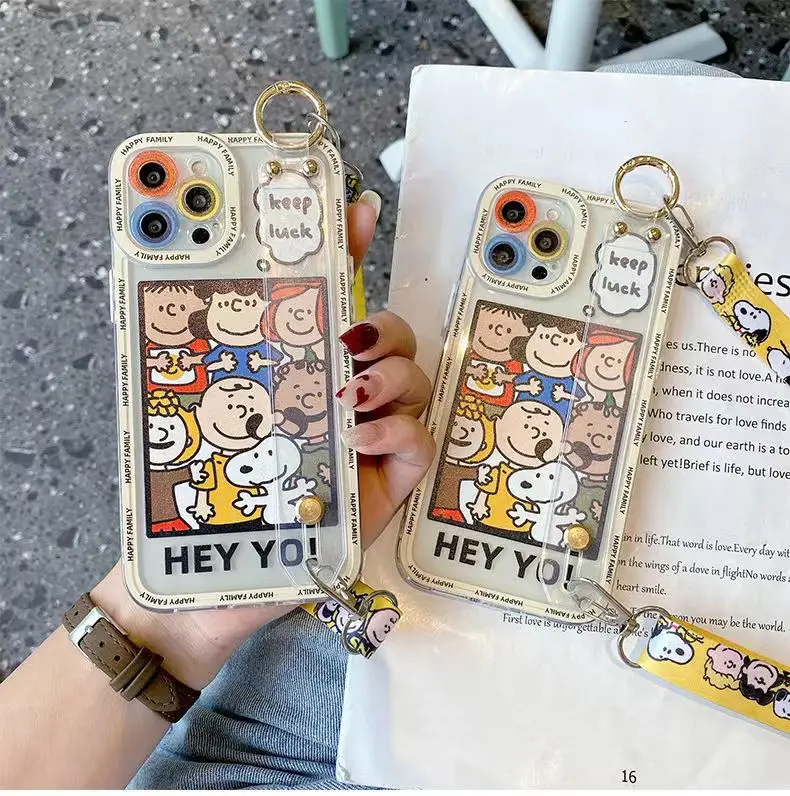 

Cute Charlie brown Snoopy Phone Case For Iphone 11 12 13 Pro Max X Xs Xr 6 6S 7 8 Plus SE 2020 With Lanyard wrist holder Cover