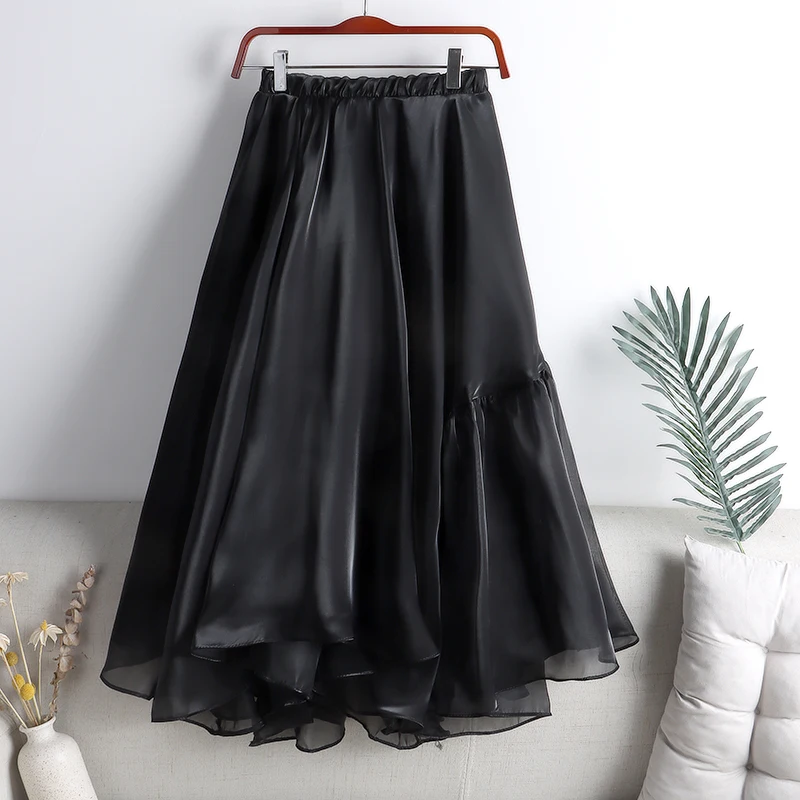 KOLLSEEY Brand Women Long Pleated Skirt New Korean Edition Elastic High Waist Solid Irregular Ruffles A Line Skirt enlarge