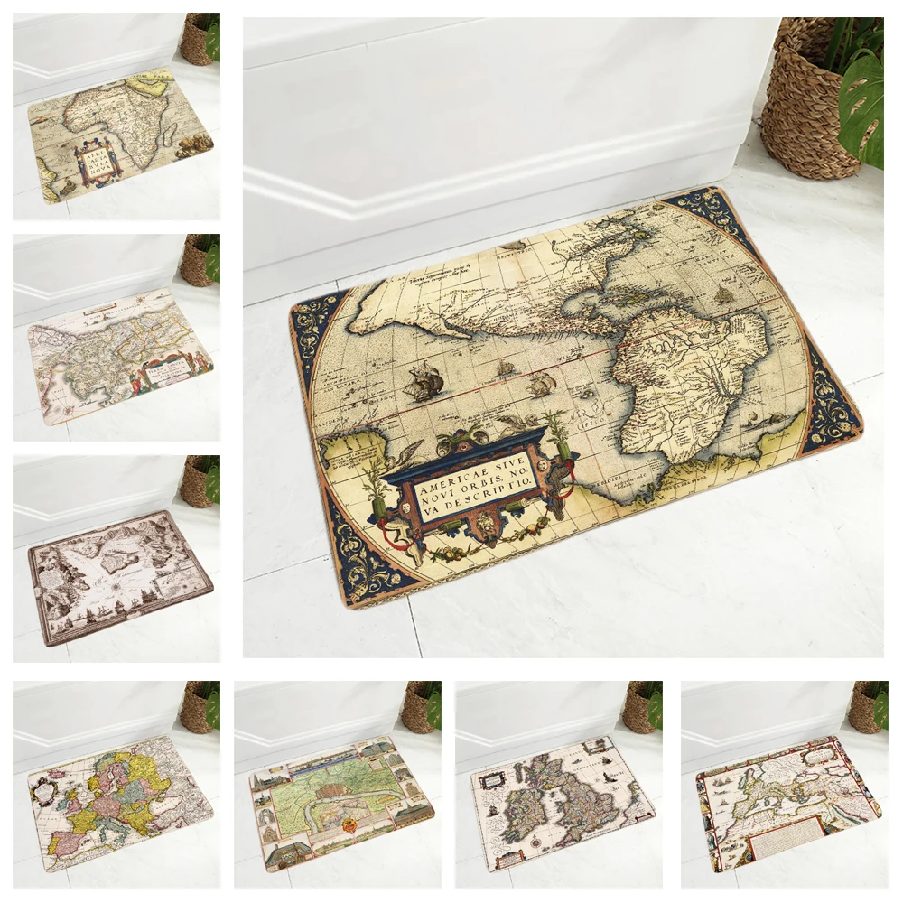 

Vintage Old Map Doormat Super Soft Flannel Carpet for Kitchen Bedroom Non-Slip Decor Geometric Floor Door Mat 40x60cm