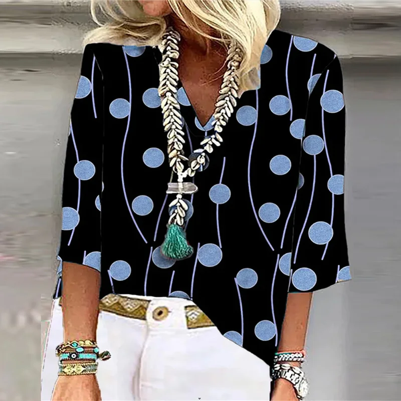 Женская футболка с принтом листьев Повседневная Свободная V-образным вырезом и