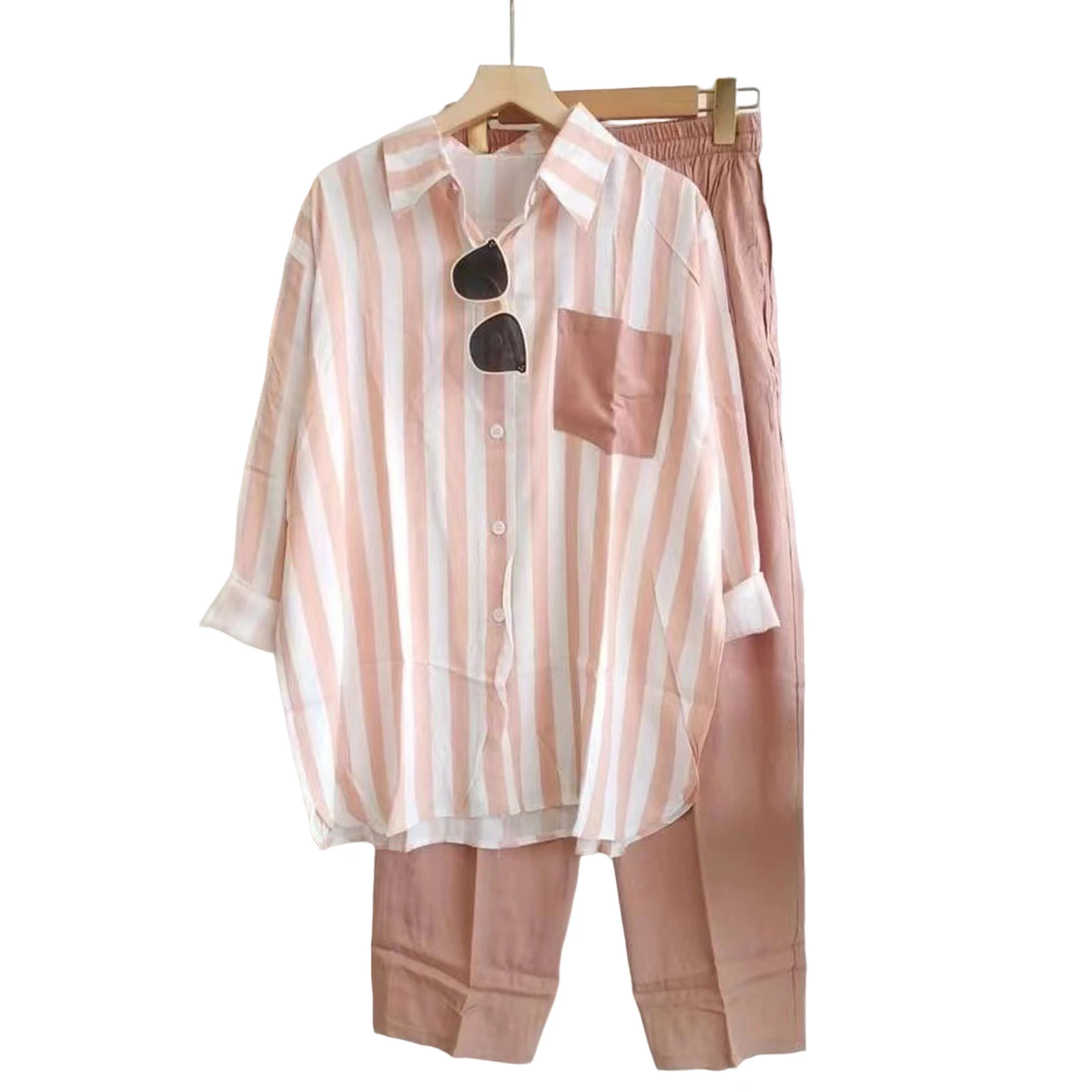 

T-shirt Wide Leg Pants Suit Outfits Female 2 Piece Set Women Tracksuit Two Pieces Set Summer Casual Cotton Loose Strip Blouse