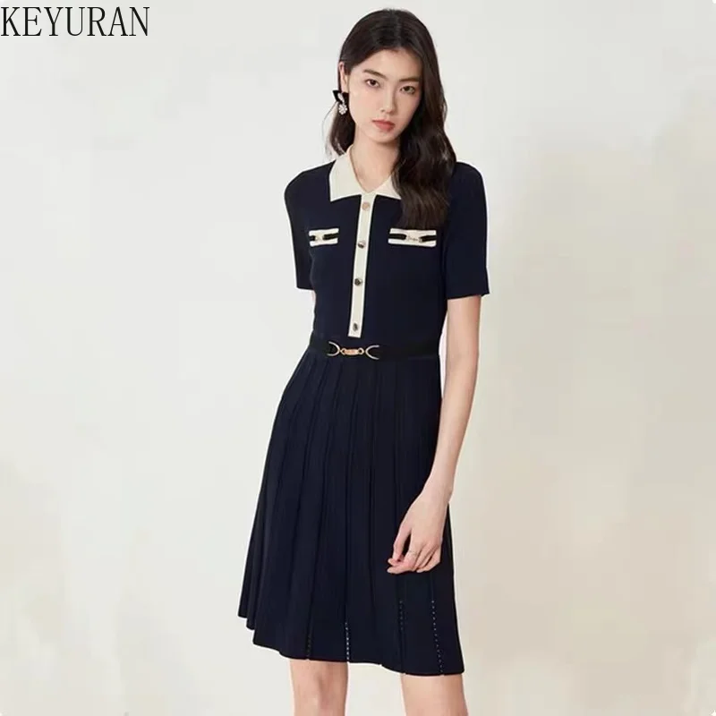 

French Contrast Color Knit A-line Pleated Dress Women 2022 Summer POLO Collar Elegant High Waist Slim Short Sleeve Sweater Dress