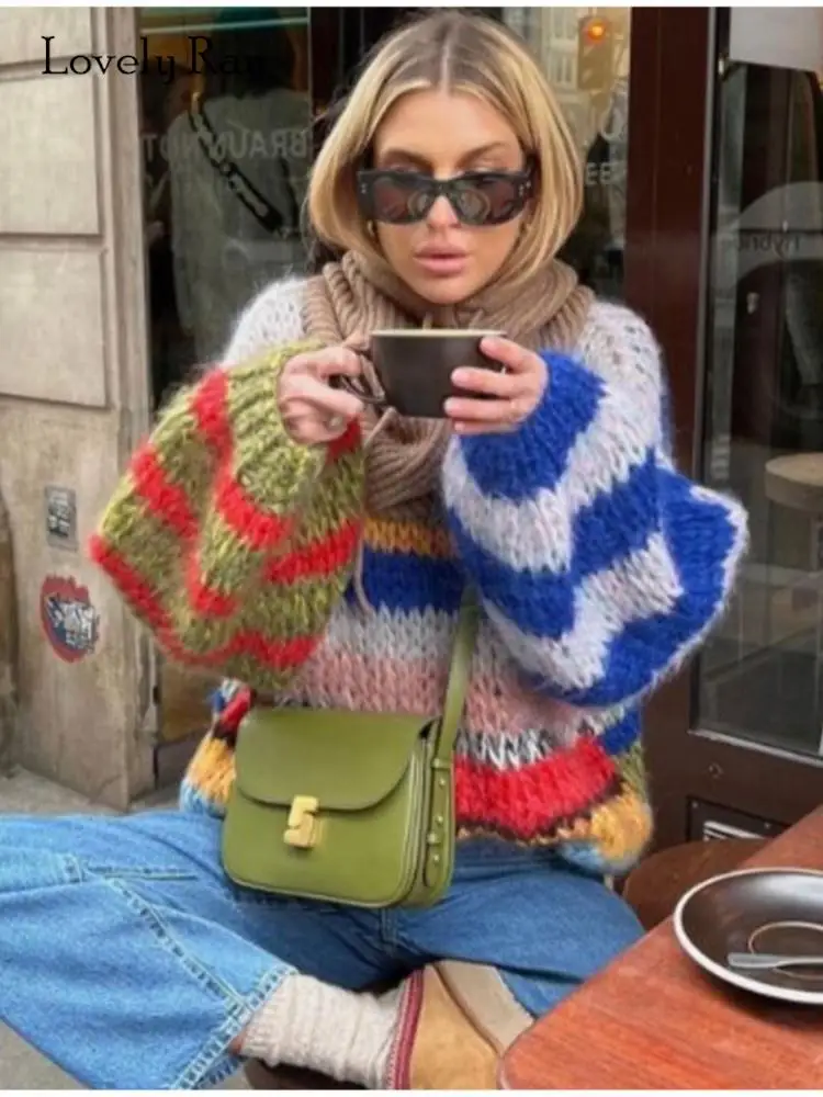 

2023 Autumn Winter Striped Knit Splice O-neck Sweater Lantern Sleeve Vintage Pullover Knitwear Fashion Casual Women Streetwear