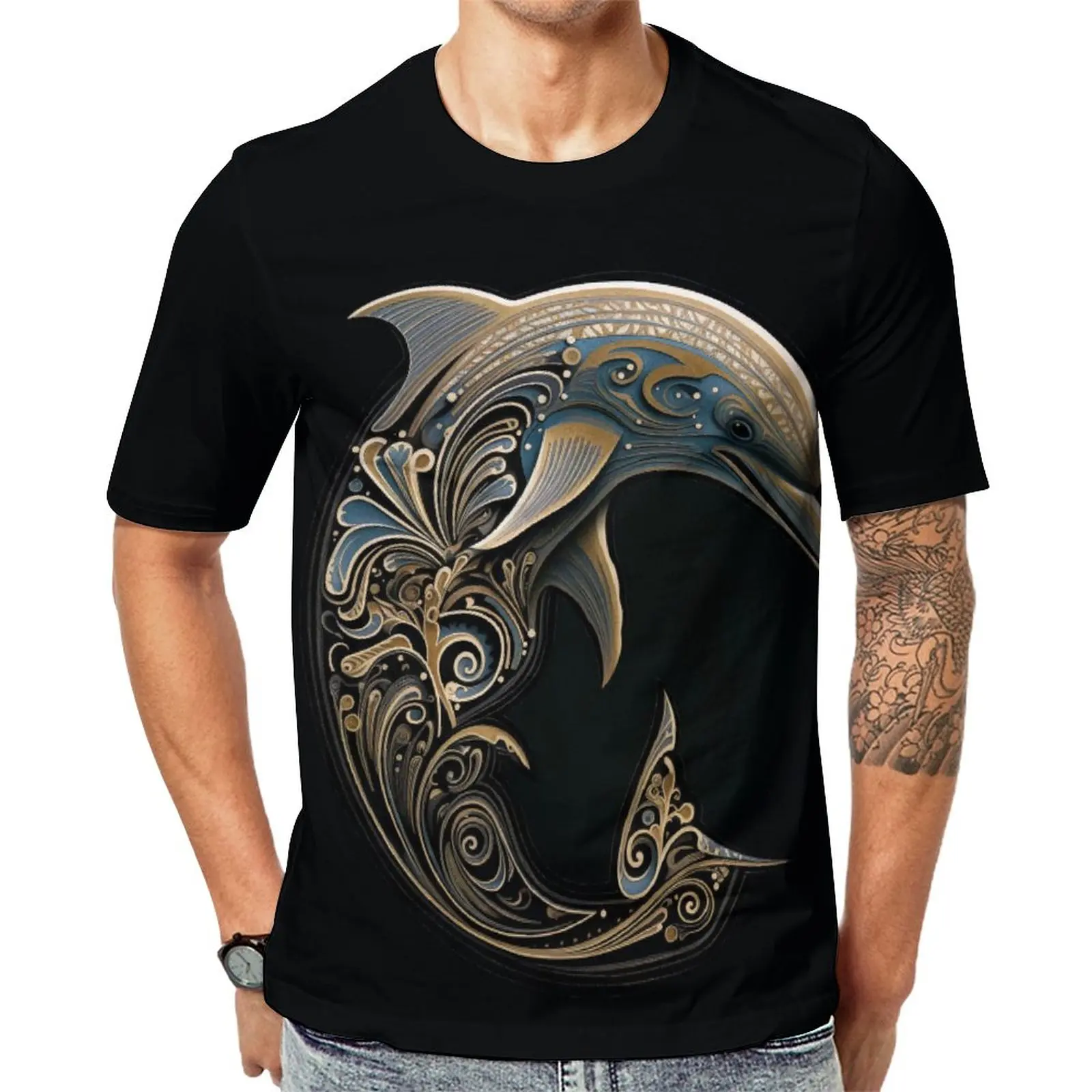 

Dolphin T-Shirt Religious Art Intricate Lines Aesthetic T Shirts O Neck Fashion Tshirt Original Men Pattern Tops Plus Size