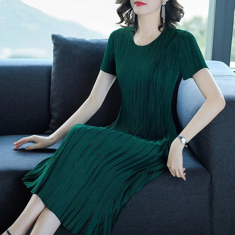 Fashion Pleated Dress for Women 2023 Summer New Vintage Lady Solid Dress Long Sleeve Casual O Neck Pleated Dress Female Tops