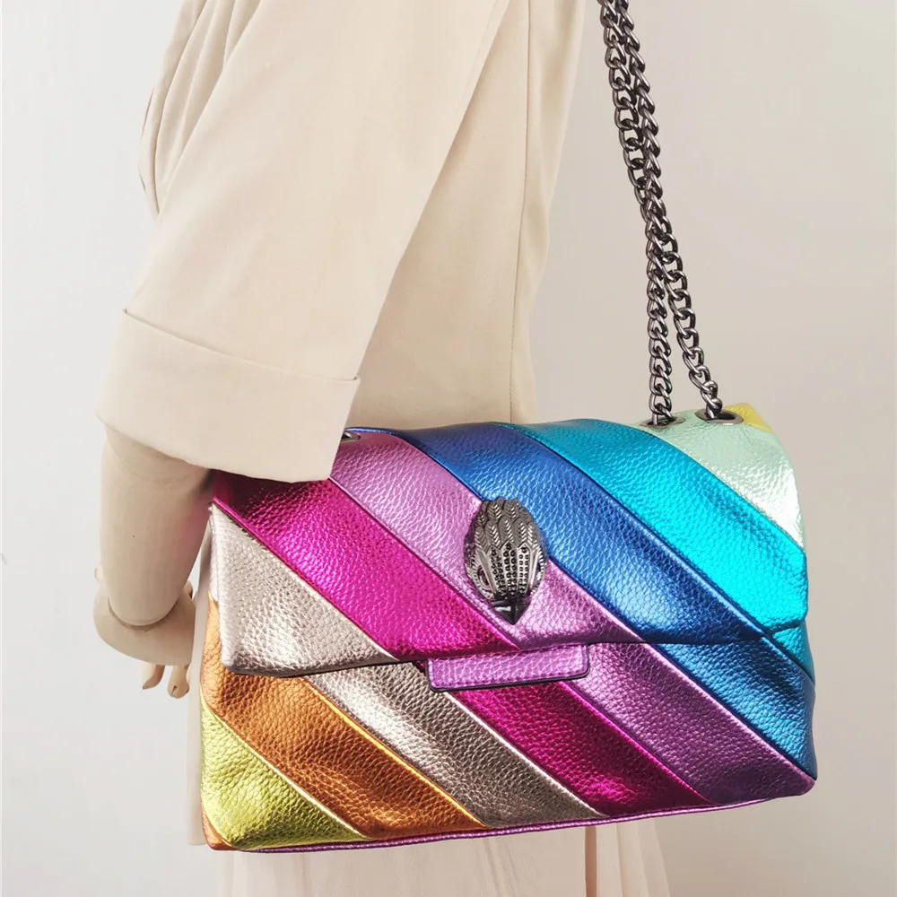 

Women Colourful Stitching Handbag Rainbow Wave Pattern Eagle Icon Head On Front Jointing Shoulder Bag Cross Body Bag