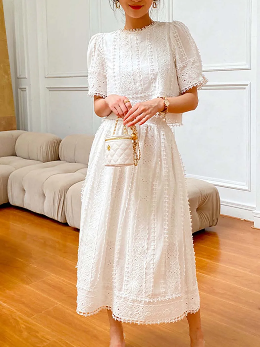 

Jastie Casual Vacation Floral Embroidery Blouse Short Sleeve Shirt Tops Women White Elastic Waist Long Skirt 2 Pieces Set French
