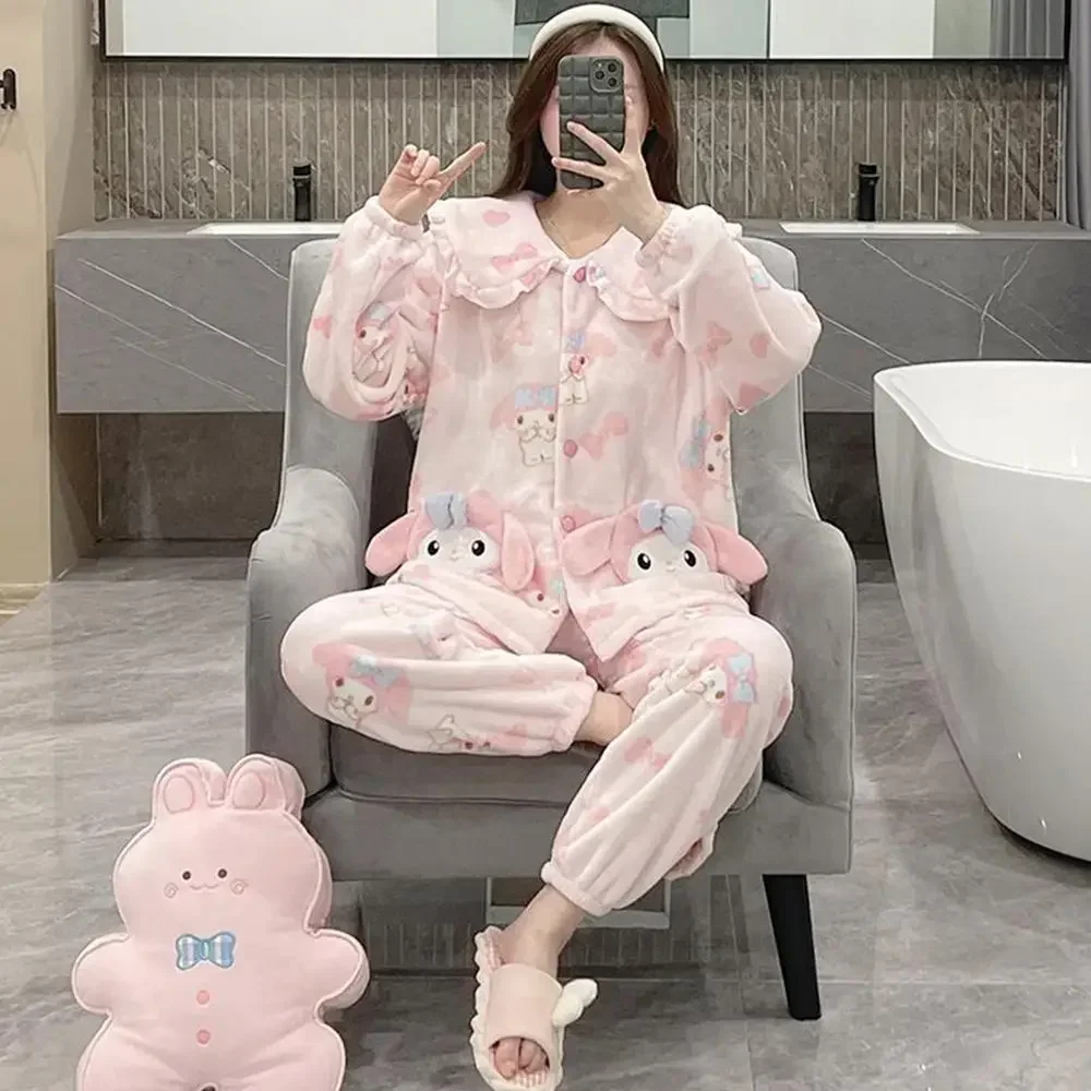 Kawaii Sanrioed 2 шт. Cinnamoroll пижамный костюм домашняя одежда коралловый флис мягкий