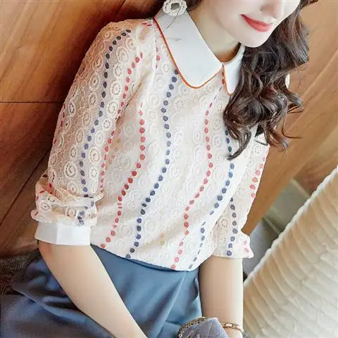Three-quarter sleeve top women's spring style 2022 new doll collar  lace shirt summer mid-sleeve white shirt