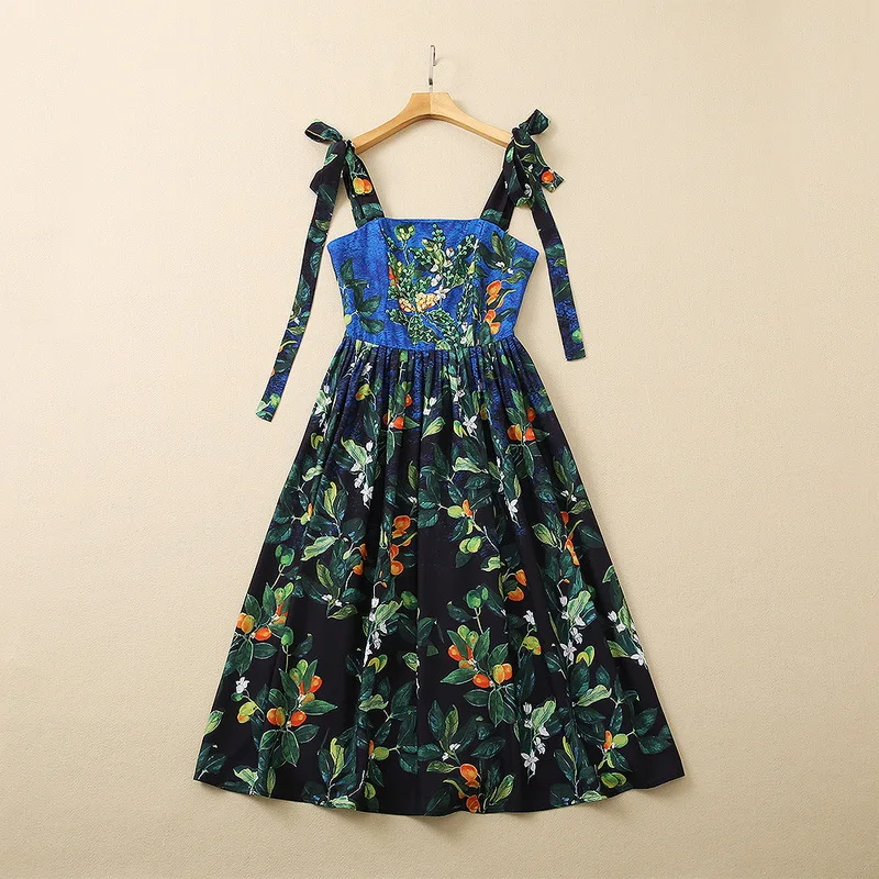 

Женское плиссированное платье в европейском и американском стиле, без рукавов, с поясом, украшенным бусинами и блестками, с цветочным принтом, лето 2022