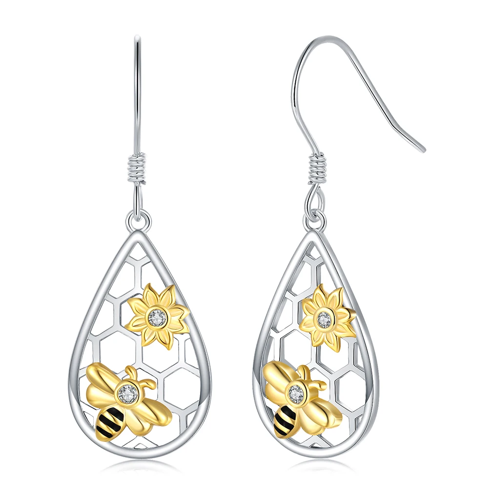 

925-Sterling-Silver Sunflower Bee Earrings Honeycomb Dangle Honeybee Jewelry Mothers Day Birthday Gifts For Women Daughter Girls