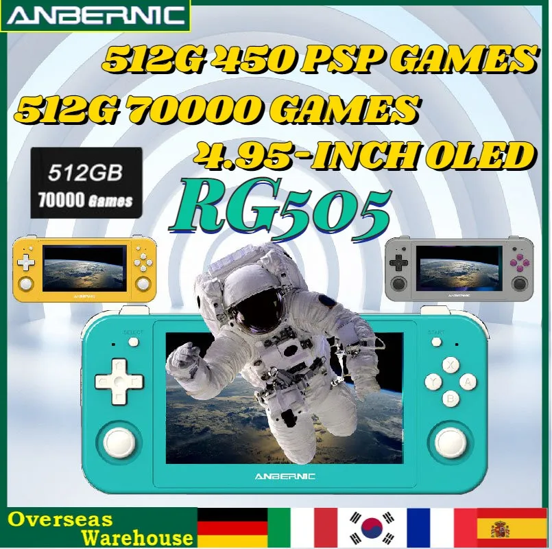 

HOT NEW ANBERNIC RG505 512G 70000 Games PSP Handheld Console Android12 System 4.95 Inch OLED Touch Screen for Unisoc Tiger T618