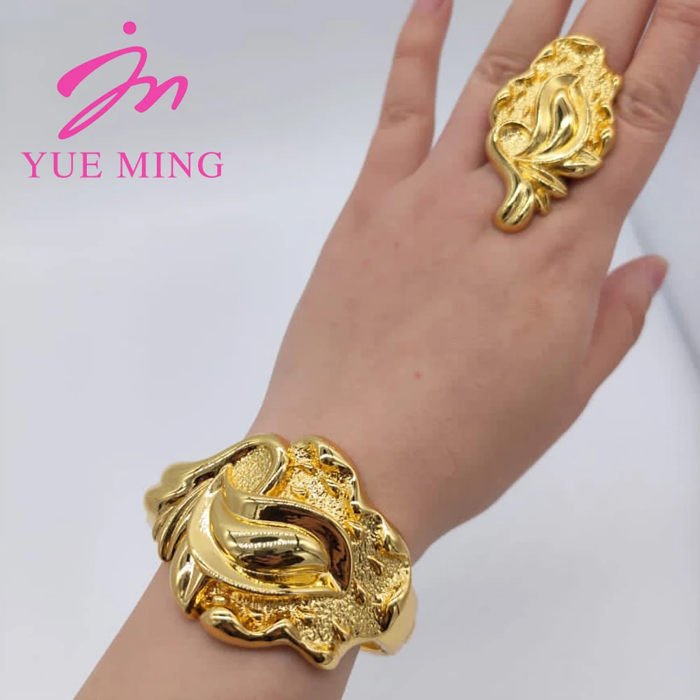 18K Gold Color Cuff Flower Bangle Ring For Women Moroccan France Dubai Luxury Copper Bracelet Jewelry Nigerian Party Wedding Gif