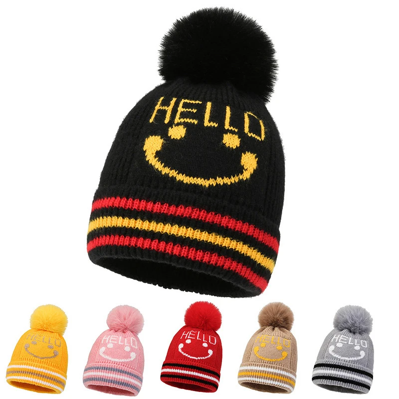 

Smiling Face Embroidery Baby Knitted Hat Autumn Winter Warm Infant Toddler Beanie Hat Outdoor Windproof Girls Boys Bonnet Cap