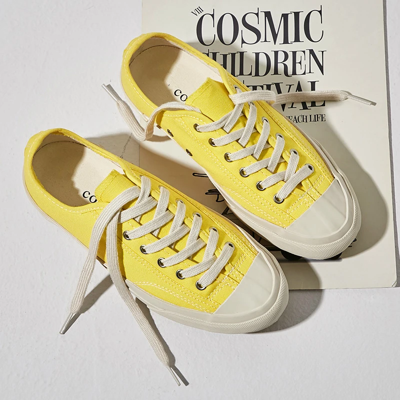 

Girls Vulcanized Canvas Shoes Japanese Style Rubber Sole Lace-Up Yellow Shoes Unisex Boys Casual Flat Footwear Fashion Sneakers