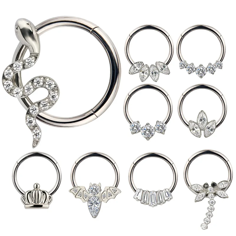 

G23 Titanium PIERC Hinged Segment Hoop Earring CZ Paved Tragus Ear Lip Nose Ring Snake/crown/bat/dragonfly/ Unisex Body Piercing